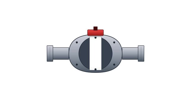 Industrial Cherry Red Ball Valve with Rotating Core and Blue Fluid Flow Engineering Animation