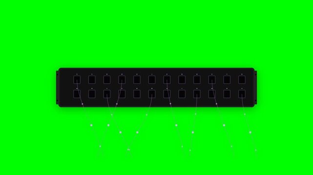 Telecommunications Patch Panel with Glowing Fiber Optic Data Pulses and Lavender Ports