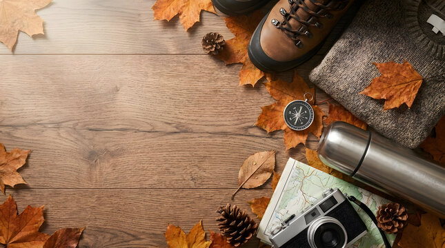Autumn travel concept with hiking boots, vintage camera, map and warm sweater on wooden table with copy space.
