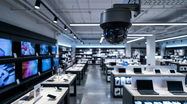 Security dome camera monitoring electronics store inventory and merchandise