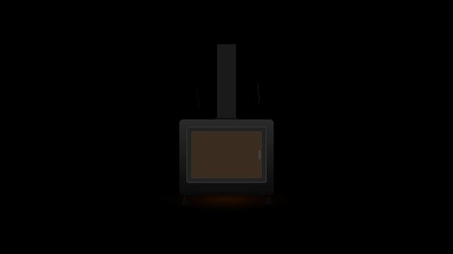 Black Iron Wood Burning Stove with Glowing Fire and Opening Door Animation