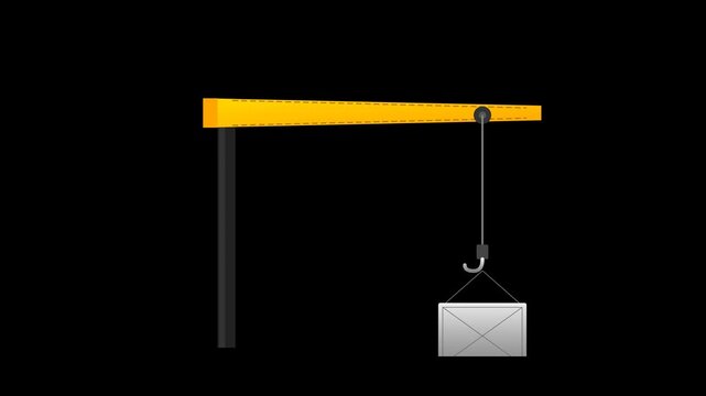 Industrial Crane Hook Lifting Silver Load with Yellow Gradient Arm and Swaying Motion on Black Background