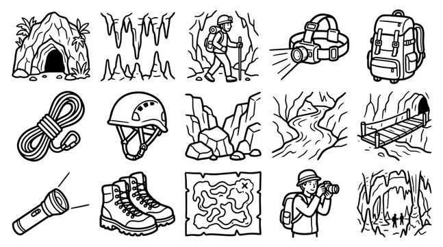 Set of hand drawn cave exploration and caving adventure icons with equipment and spelunkers