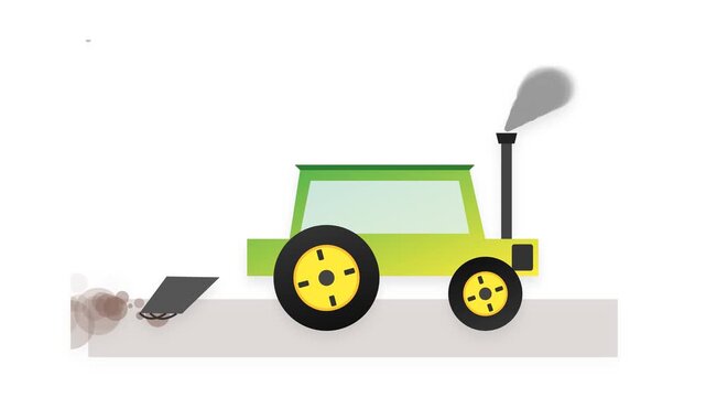 Green and Yellow Agricultural Tractor with Rotating Wheels and Soil Plow Motion
