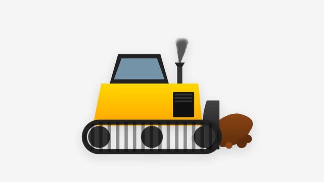 Industrial Yellow Bulldozer Moving Earth with Rotating Tracks and Dust Clouds