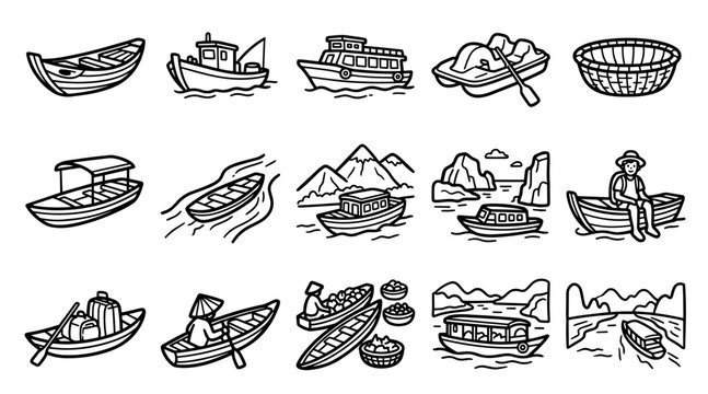 Set of hand drawn Vietnam boat icons featuring traditional sampans and cruise ships on water