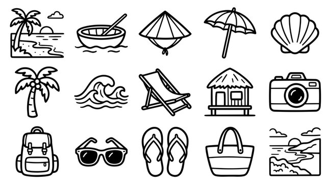 Vietnam beach travel doodle icon set featuring tropical vacation elements in a minimalist line style
