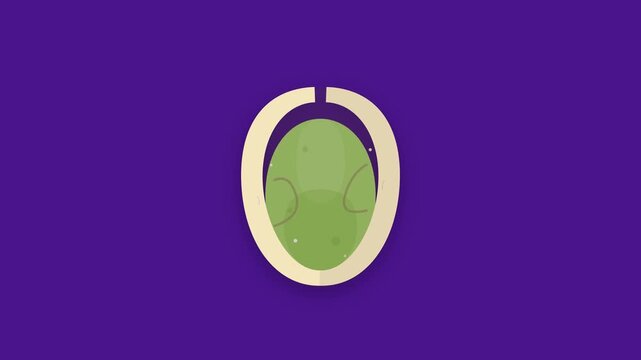 Stylized pistachio nut shell opening to reveal a detailed green kernel on a vibrant purple background