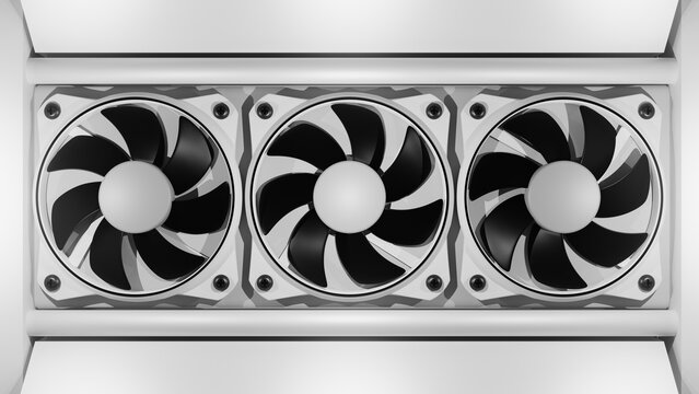 Three black and white cooling fans mounted on a modern computer radiator component system