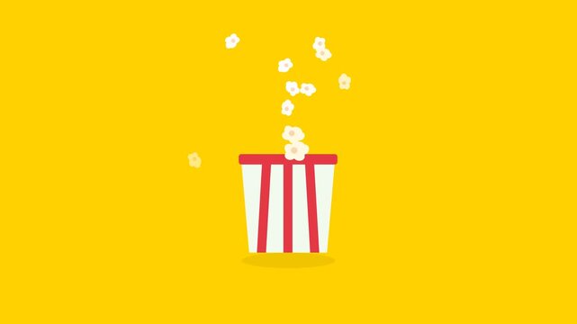 Detailed Fluffy Popcorn Kernels Popping Dynamically in Red Striped Bucket on Vibrant Yellow Background