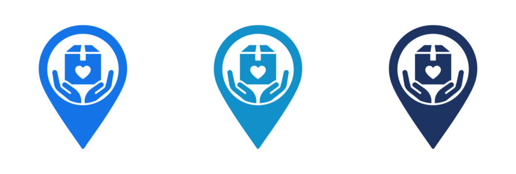 Set of blue map pin icons showing hands holding a donation box with heart symbol.