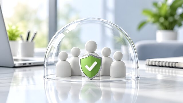 White wooden team figures protected under a glass dome with a green shield checkmark icon showing corporate safety and risk management