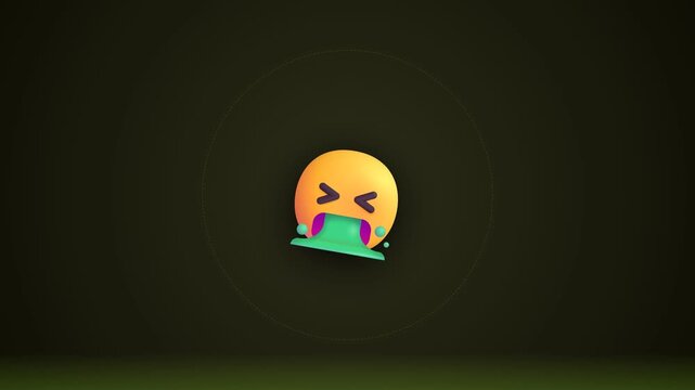 An animated 3D sick emoji character vomiting green fluid against a dark green background, representing disgust, nausea, and illness concepts for digital messaging and modern social media creative