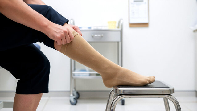 Person putting on compression stocking on leg