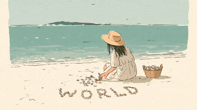 Beach woman sand sea shell hat Beach woman sand near sea arranging shell with word shore, soft pastel illustration with calm summer mood, seagull