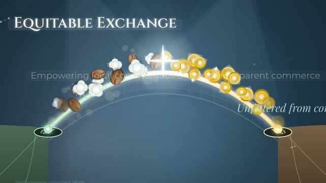 2D animation illustrating the concept of fair trade and ethical sourcing, showing coffee beans transforming into gold coins across a bridge to represent equitable exchange and value reciprocity