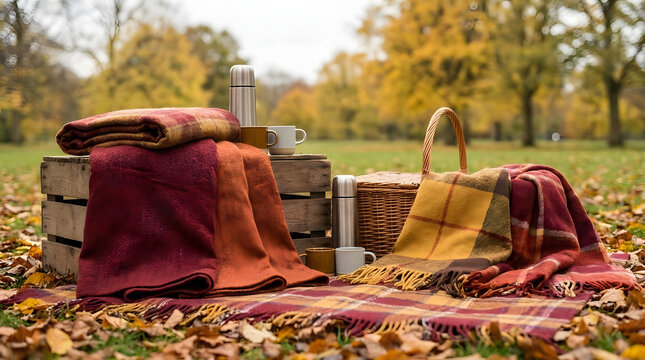 Cozy autumn picnic setup in a beautiful park with warm blankets, vacuum flasks, and a wicker basket on golden leaves.