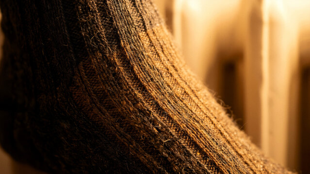 Close up of textured brown wool sock