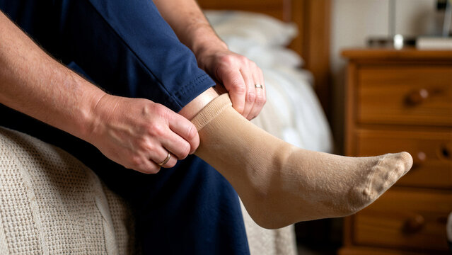 Person putting on compression sock on leg