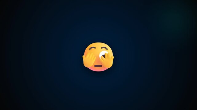Cute yellow emoji peeking through hands with wide eyes and shy expression on dark background