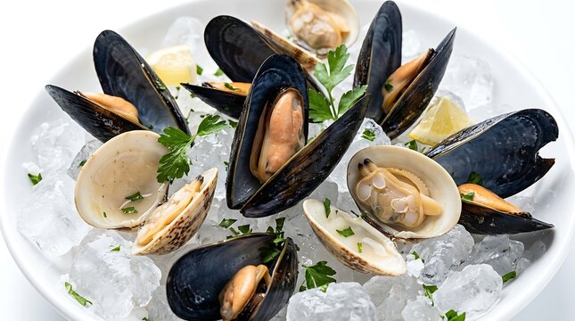 Fresh Mussels and Clams on Ice with Parsley and Lemon