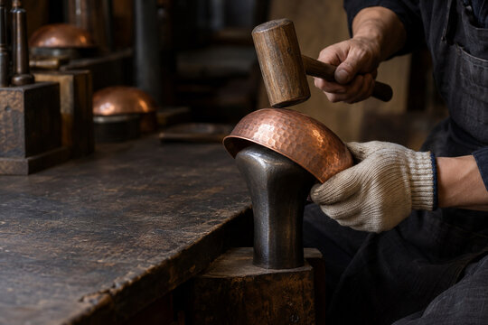 Japanese Copper Artisan Raising a Bowl With a Mallet