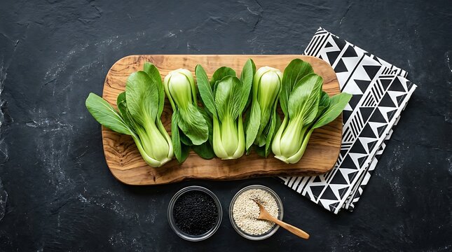 Fresh Baby Bok Choy on Wooden Board with Sesame and Black Pepper
