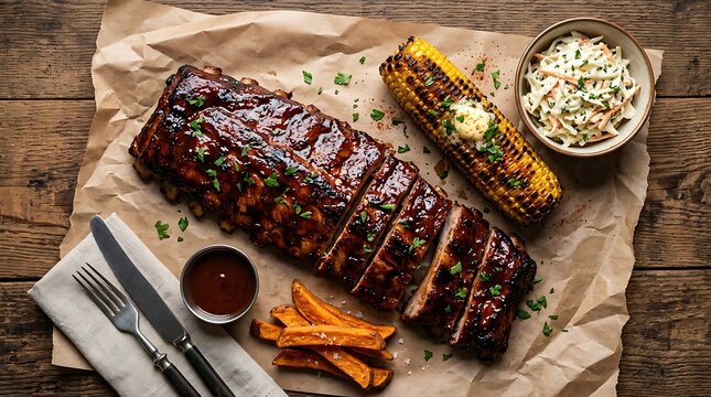Savory Glazed Ribs Sliced on Paper with Grilled Corn and Slaw