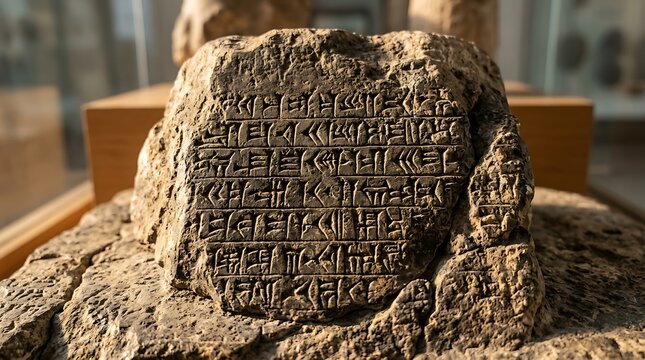 Ancient Stone Tablet with Cuneiform Script in Museum Setting