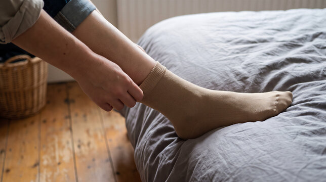Person putting on a tan compression sock