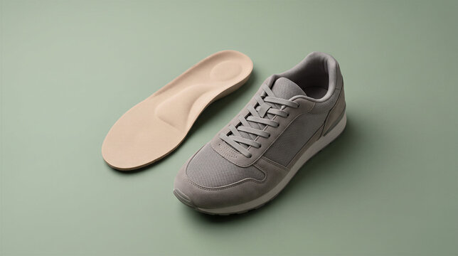 Gray sneaker with orthopedic insole on green