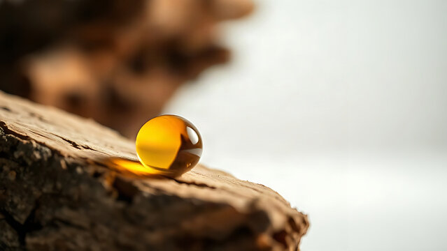 Golden copal resin drop on tree bark against white surface.