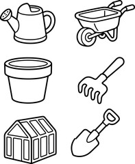 Fototapeta premium Kids Gardening Tools Watering Can Wheelbarrow and Greenhouse Outline Vector Icon Set 