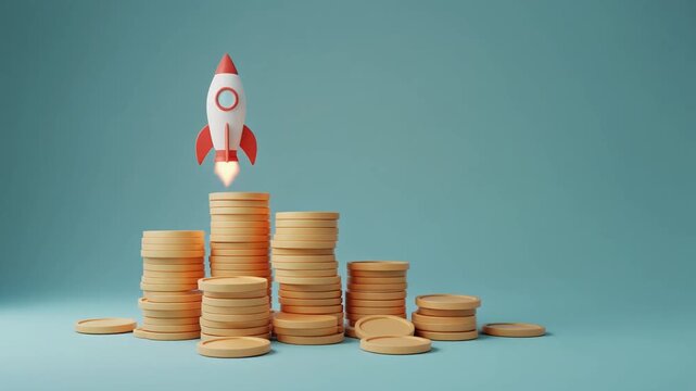 A small toy rocket takes off from a stack of gold coins against a solid teal background.