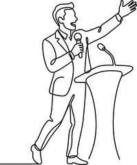 Fototapeta premium Speaker giving a speech at podium with microphone one line drawing