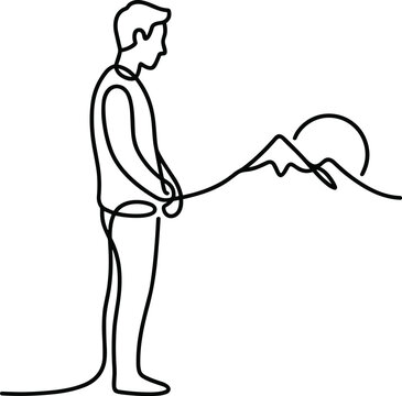 Man Peeing Outdoors Minimalist Line Art of Nature Landscape with Mountains and Sun