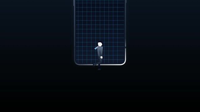 2D animation of a man stepping out of a smartphone screen into a forest to represent digital detox and organic reintegration for cognitive expansion and mental health