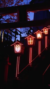 Nakatsukasa Magotaro Inari cyber shrine, Nishi Park, Chuo Ward, Fukuoka City, illuminated staircase with neon lit fox lanterns at night, Kyushu island, Japan, torii gate with cherry blossoms
