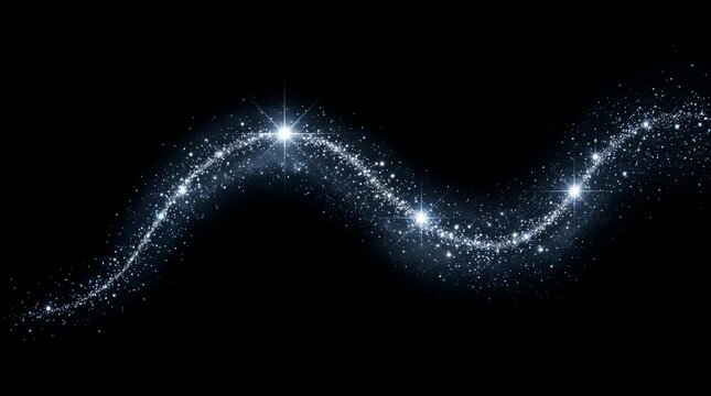 Sparkling silver glitter trail on black background, magical stardust wave with glowing light particles, elegant shimmering fairy dust path