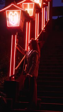Nakatsukasa Magotaro Inari cyber shrine, Nishi Park, Chuo Ward, Fukuoka City, illuminated staircase with neon lit fox lanterns at night, Kyushu island, Japan, torii gate with cherry blossoms