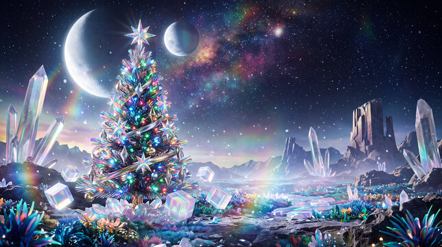 Cinematic Futuristic Christmas Tree on Alien Planet Prism Astra-