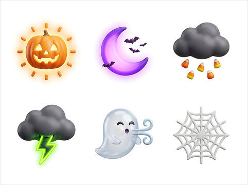 3D UI UX weather app forecast icon bundle with cute Halloween theme isolated on white