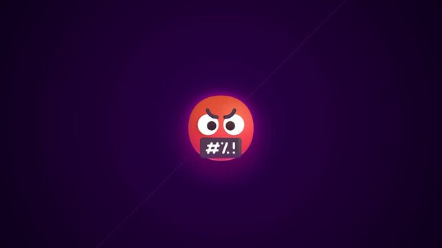 An angry emoji with censored symbols over its mouth floats against a dark purple gradient background