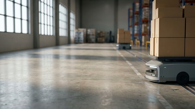 Automated warehouse robot transporting boxes in industrial storage facility
