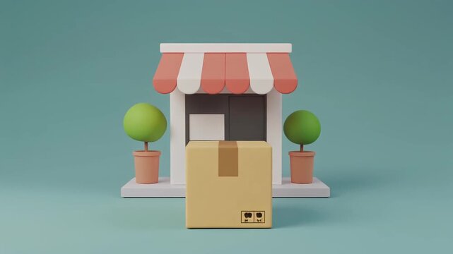 A 3D rendered miniature shop building sits behind a cardboard delivery box on a solid.