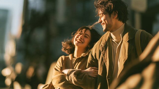 A stylish young couple walking with smiles on their faces through the city at dusk (Date, Fall Clothing, Lifestyle)