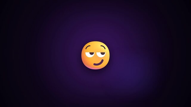 Yellow emoji face with a sly smile and skeptical expression floating against a dark purple background