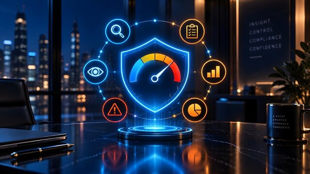 Digital business performance and security dashboard hologram projecting on an office desk with analytics and safety icons
