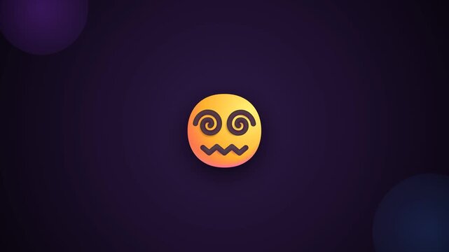 Dizzy emoji with swirling eyes and wavy mouth spinning against a dark purple background in a sleek modern animation style representing confusion and lightheadedness