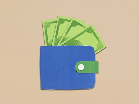 Paper Cut Illustration of a Blue Wallet with Green Banknotes for Financial Concepts